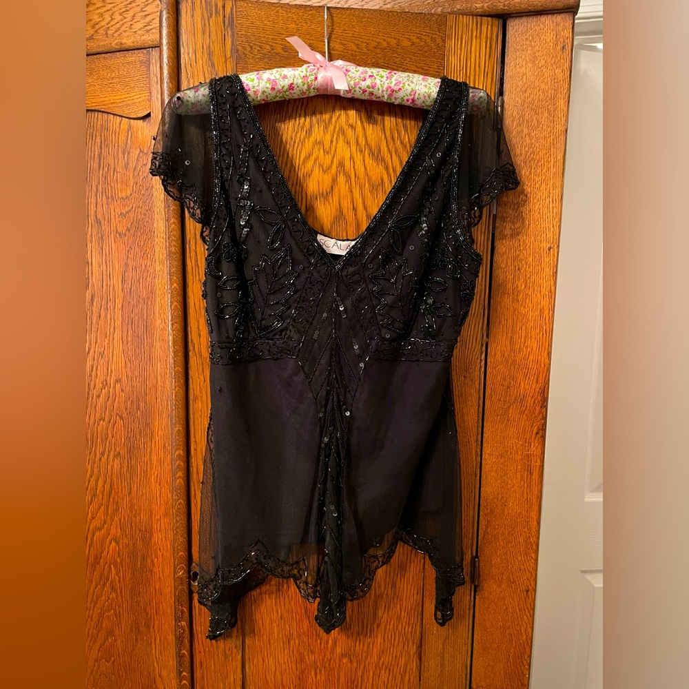 Women’s Unique Black Sheer/Lined Beaded Short Sleeve Top Size Large